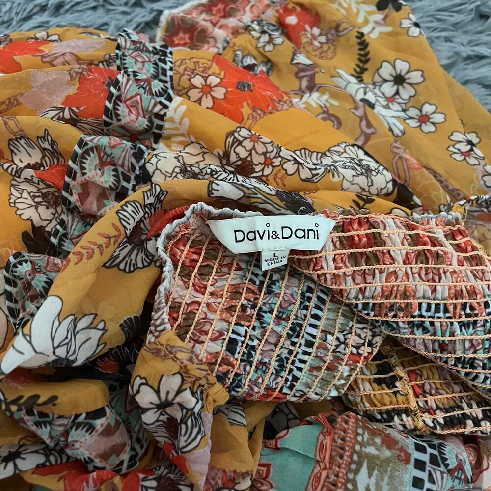 Davi & Dani Boho Printed Ruffle Maxi Dress Smocked Bodice Hippie Large Fairy - Picture 7 of 9